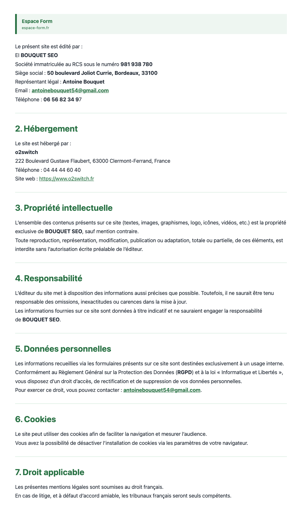 Mentions légales — Espace Form