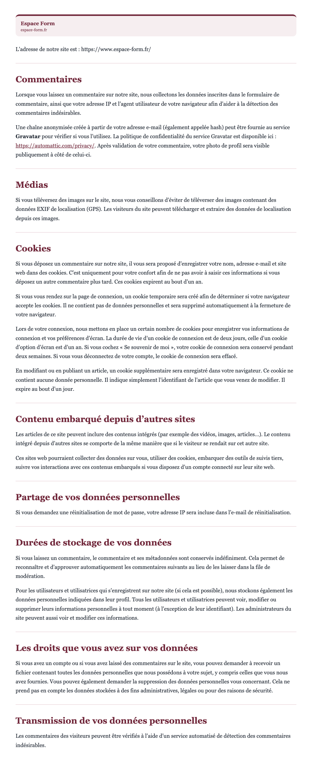 Politique de confidentialité — Espace Form