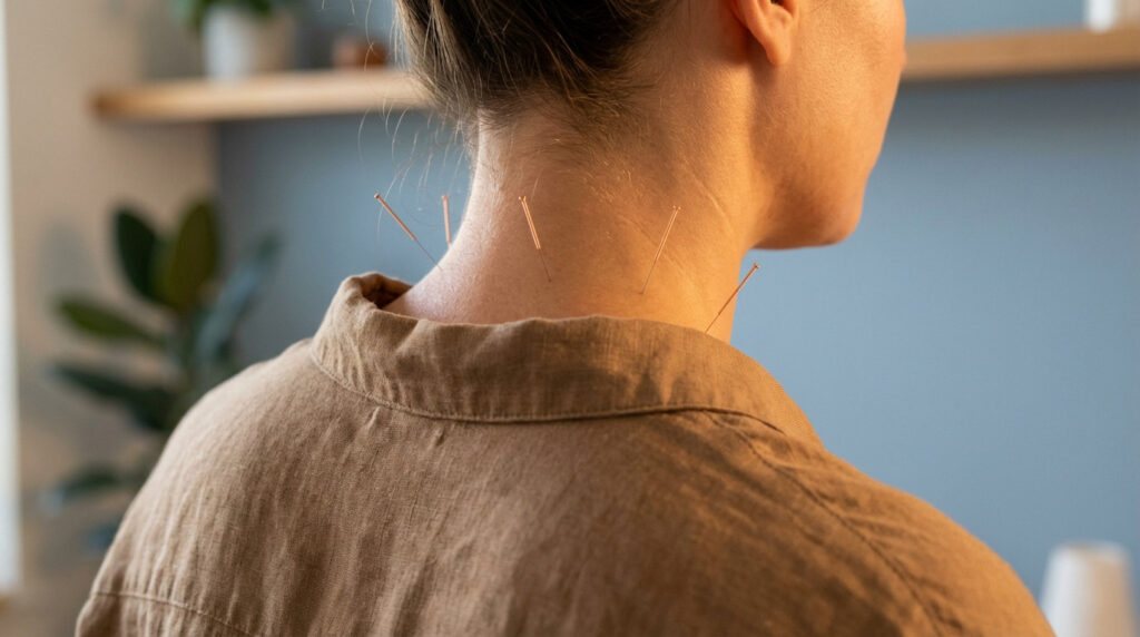 Back of a person's neck and shoulders with acupuncture needles. Soft, warm lighting creates a serene, therapeutic atmosphere.