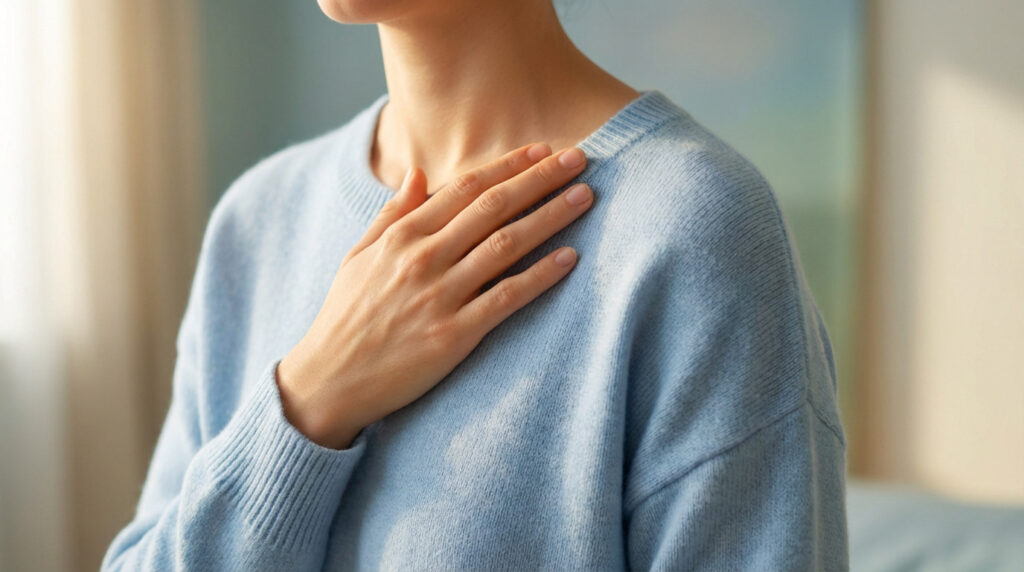 Upper body of a person in a light blue sweater, hand resting gently on their chest near the collarbone, in soft, warm light.