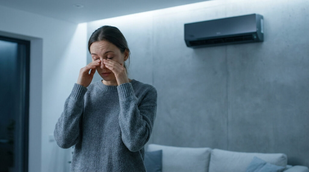 A woman with a subtle expression of discomfort rubs her dry eyes in a modern, artificially lit room with a visible AC unit.