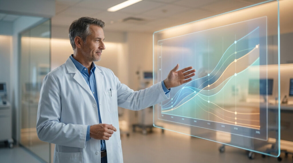 Male doctor in lab coat gestures at a translucent digital display showing abstract medical infographics with flowing lines and gradients.