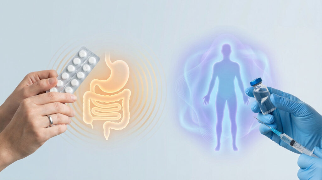 Oral pills and digestive discomfort (orange) contrasted with injectable medicine and systemic effects (blue human aura).