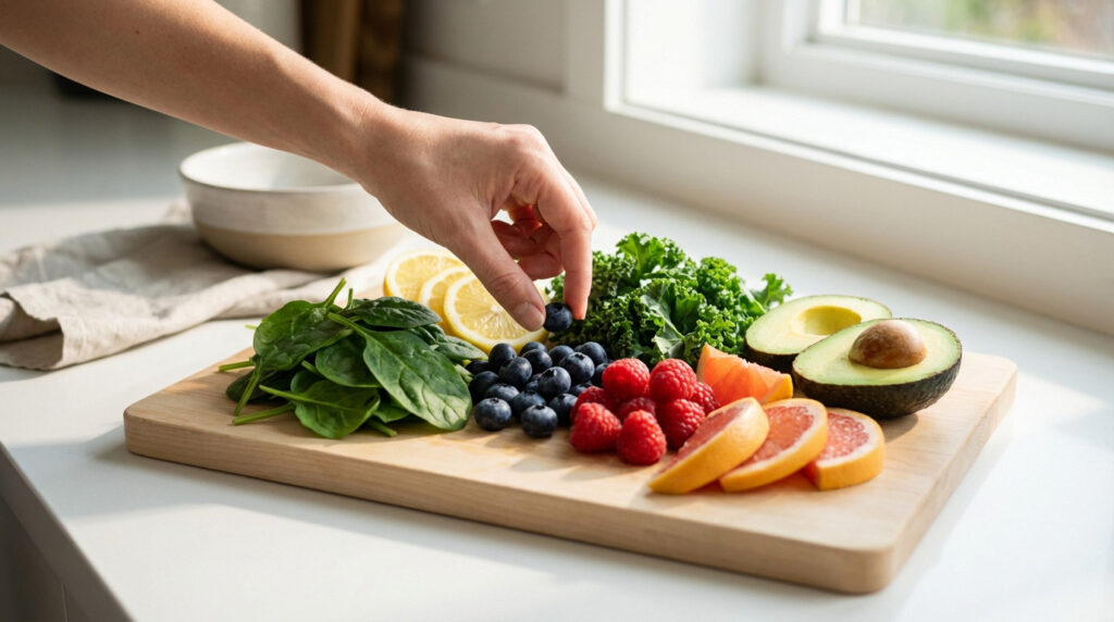 Assortiment coloré d'aliments sains pour le foie (épinards, chou frisé, agrumes, baies, avocat) sur une planche en bois. Une main prend une myrtille.