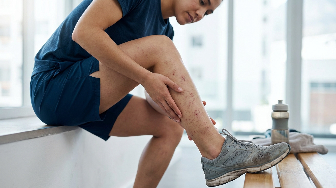 An athlete sits, examining their lower leg covered in purpura d'effort spots after exertion. Wearing athletic shorts and shoes.