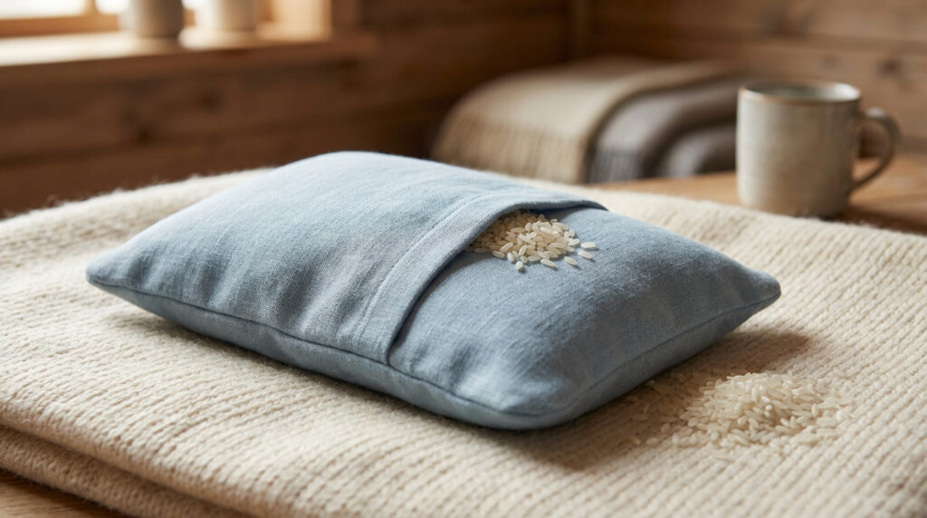 Bouillotte sèche en tissu bleu, ouverte, montrant des grains de riz. Repose sur une couverture crème. Des grains sont éparpillés.