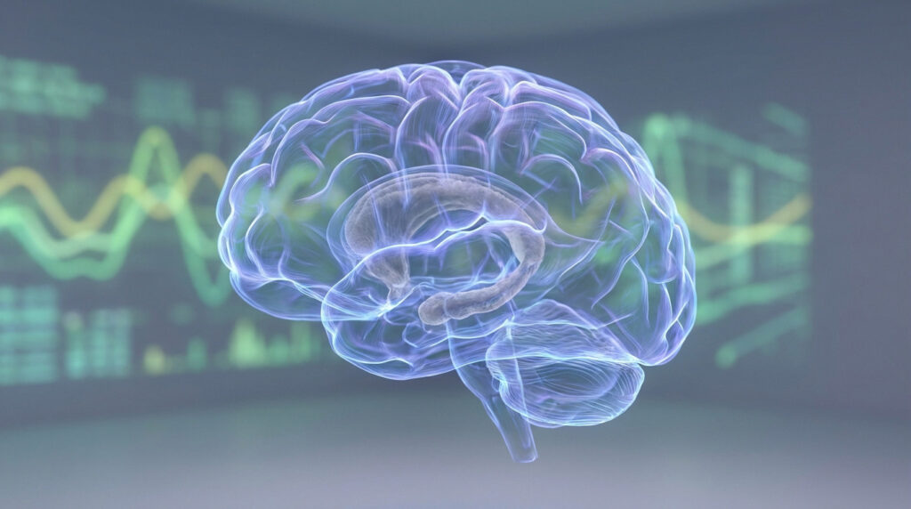 An ethereal, glowing blue and purple human brain, centrally placed. The hippocampal region shows subtle atrophy. Background has abstract medical data.