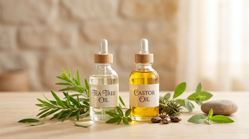 Deux flacons compte-gouttes d'huiles (Tea Tree et Ricin) sur une table en bois avec feuilles vertes et graines de ricin.