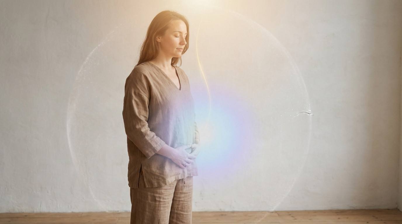 Meditating woman, hands on abdomen, blue/lavender glow. Golden light links head to abdomen. Shimmering barrier, ripple. Light above.