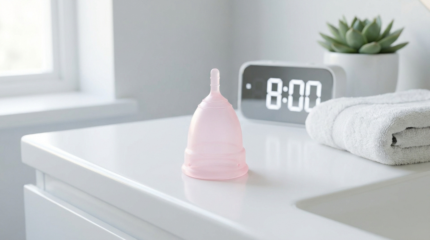 Une coupe menstruelle rose sur un comptoir blanc à côté d'une horloge numérique affichant 8h00, une serviette et une plante.