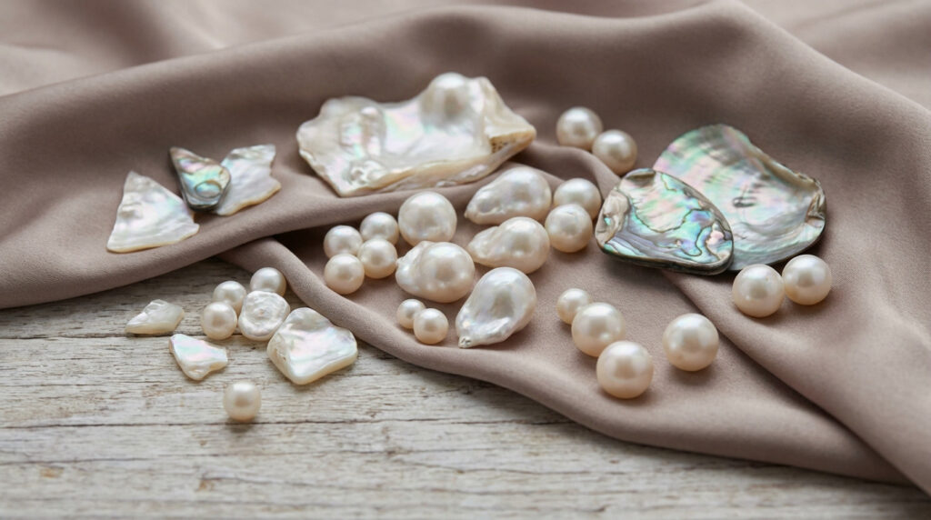 Elegant white and cream pearls, spherical and baroque, with iridescent nacre pieces on muted fabric and wood, highlighting natural beauty.