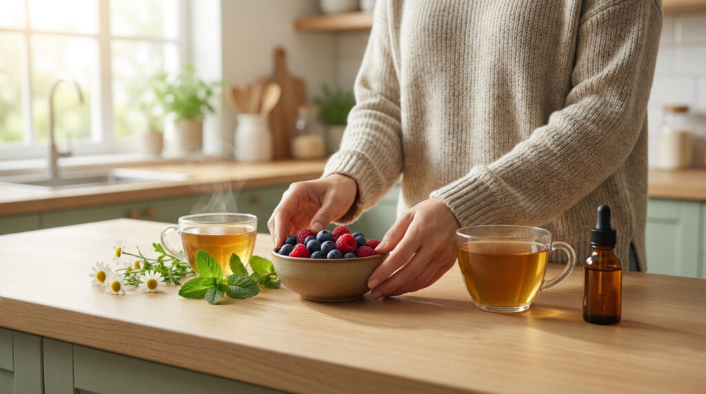 Mains féminines en cuisine avec baies, tisanes, menthe, camomille et flacon compte-gouttes, illustrant la naturopathie et le bien-être.