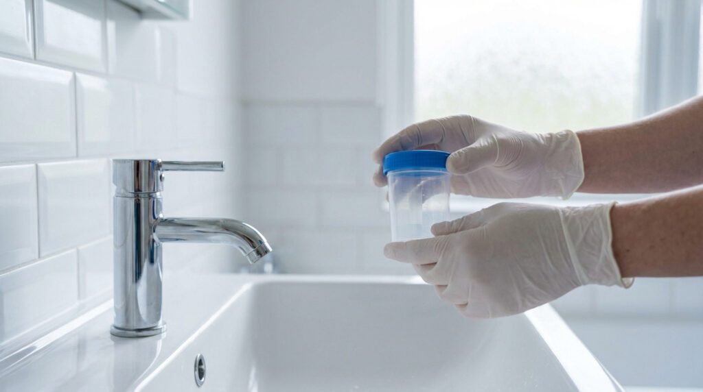 Mains gantées tenant un flacon d'échantillon d'urine devant un lavabo et un robinet, illustrant la préparation pour analyse.