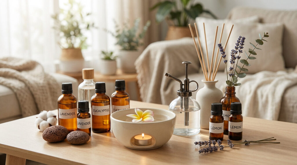 Arrangement of essential oils, a candle warmer, reed diffuser, spray bottle, and lava stones on a wooden table, showing diffuser-free methods.