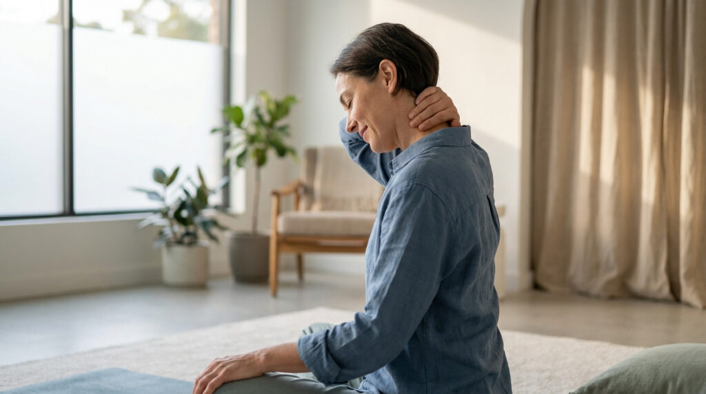 Woman finding neck pain relief, hand on neck, serene face, in a calm modern room with soft natural light.