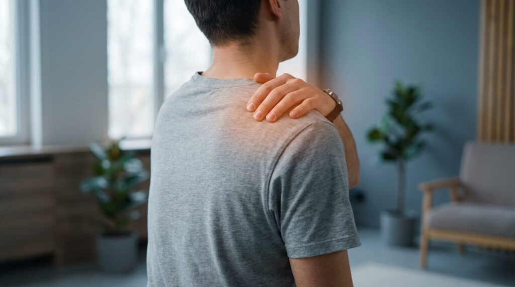 Person in grey t-shirt touching their left shoulder with right hand, showing discomfort. Subtle glow on shoulder. Blurred modern indoor background.