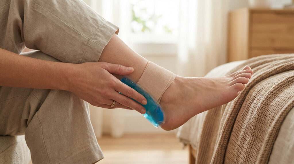 Une personne applique une poche de froid sur son talon d'Achille bandé, une méthode pour soulager la bursite.