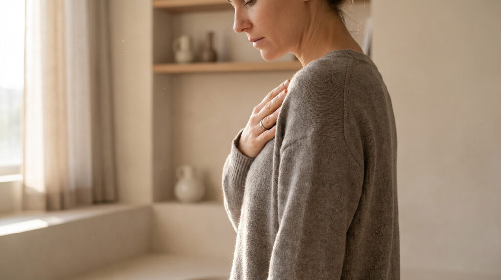 An anonymous woman in a grey sweater gently touches her chest, head bowed in calm reflection. Soft, warm light, blurred modern background.