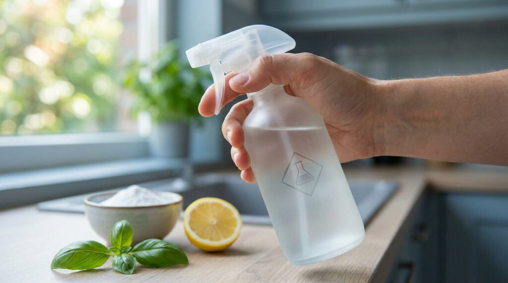 Main tenant un vaporisateur avec symbole de bécher. À côté, du bicarbonate de soude, un citron et du basilic sur un comptoir de cuisine.