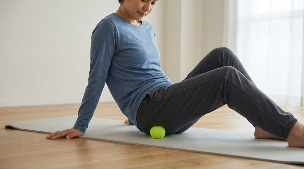 Une femme utilise une balle de tennis pour auto-masser son muscle piriforme sur un tapis de yoga, soulageant la fessalgie.