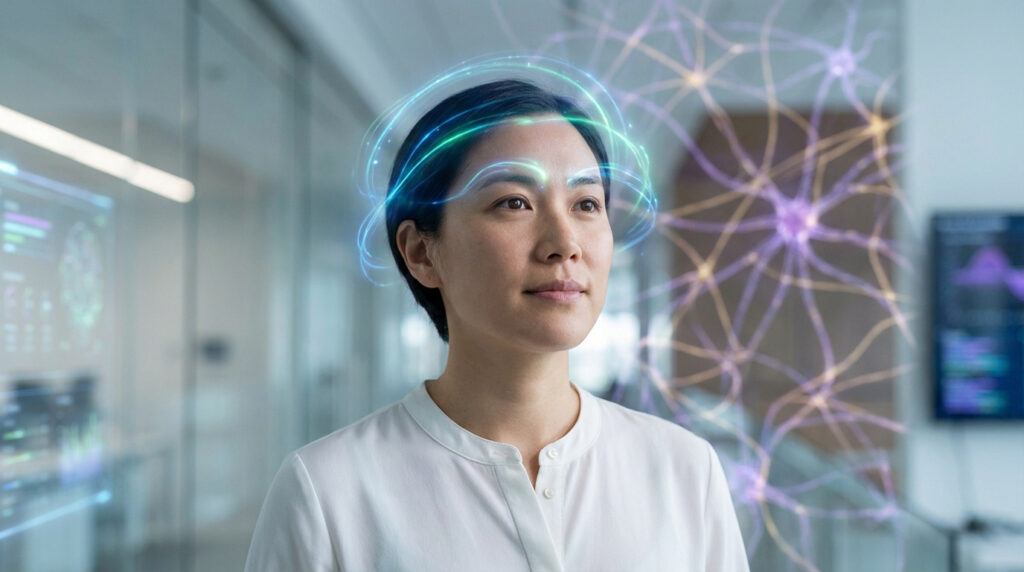 Femme concentrée avec un halo lumineux et des réseaux neuronaux en arrière-plan, illustrant la rééducation neurologique du champ visuel.