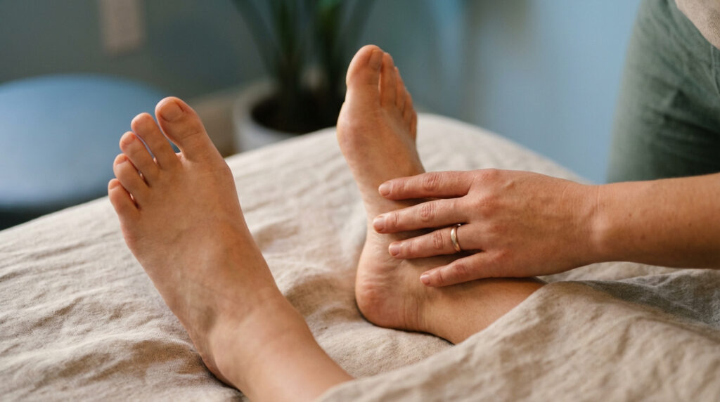Gros plan sur une main effectuant un massage ou une réflexologie sur un pied. L'autre pied est visible sur un drap beige.