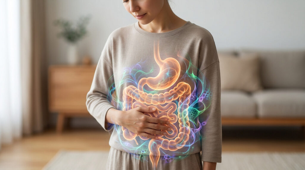 Une femme tient son ventre, une illustration numérique lumineuse de son système digestif (estomac, intestins) superposée sur son corps.