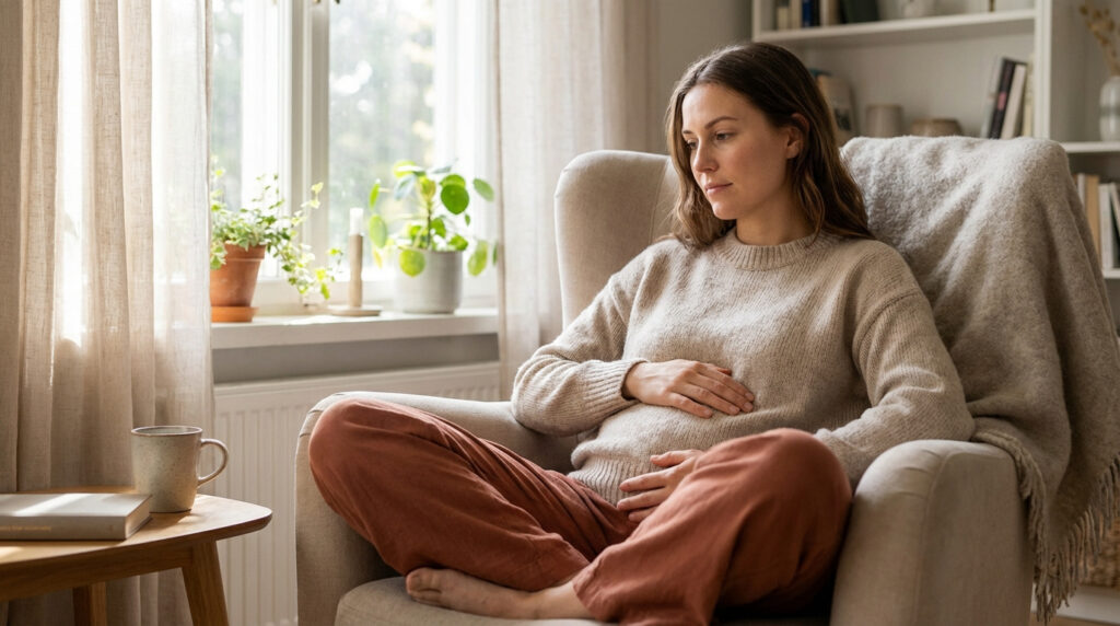 Jeune femme assise dans un fauteuil, les mains sur son ventre, l'air pensif. Elle semble ressentir un inconfort prémenstruel.