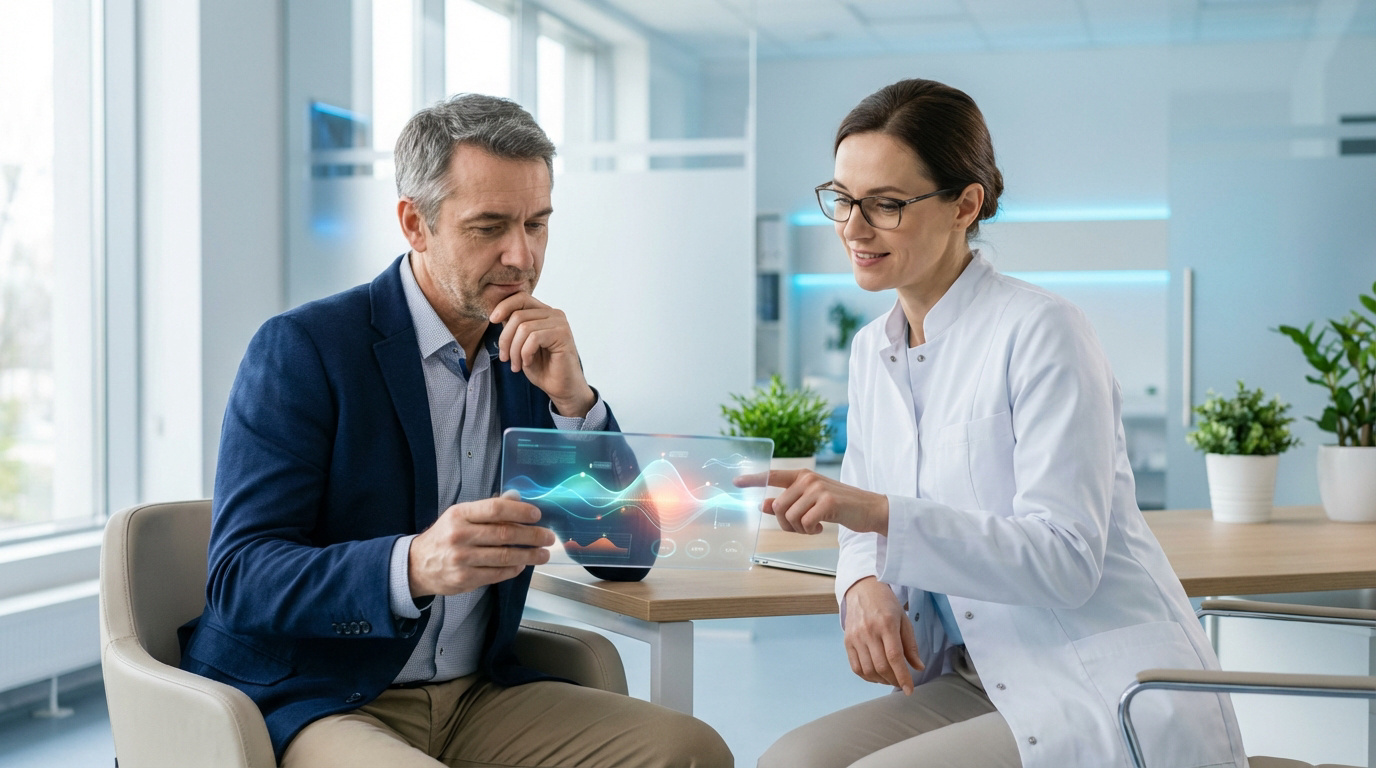 Un médecin explique des données de santé interactives à un patient sur une tablette transparente. Scène de consultation moderne.
