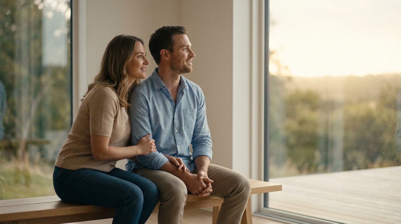 Un couple souriant, assis sur un banc en bois, regarde un paysage verdoyant à travers une grande fenêtre, main dans la main.