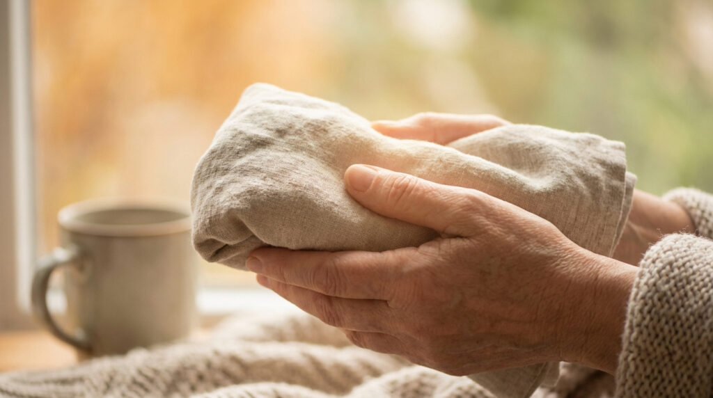 Mains tenant délicatement une compresse chaude en tissu clair. Une tasse et une fenêtre lumineuse sont en arrière-plan flou.