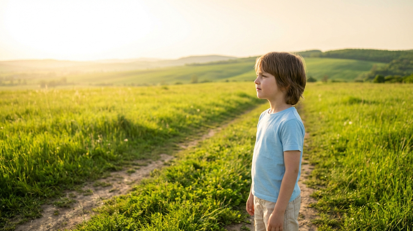 Jeune garçon, cheveux châtains, en t-shirt bleu, debout sur un chemin de terre dans un champ verdoyant, regardant l'horizon au soleil couchant.