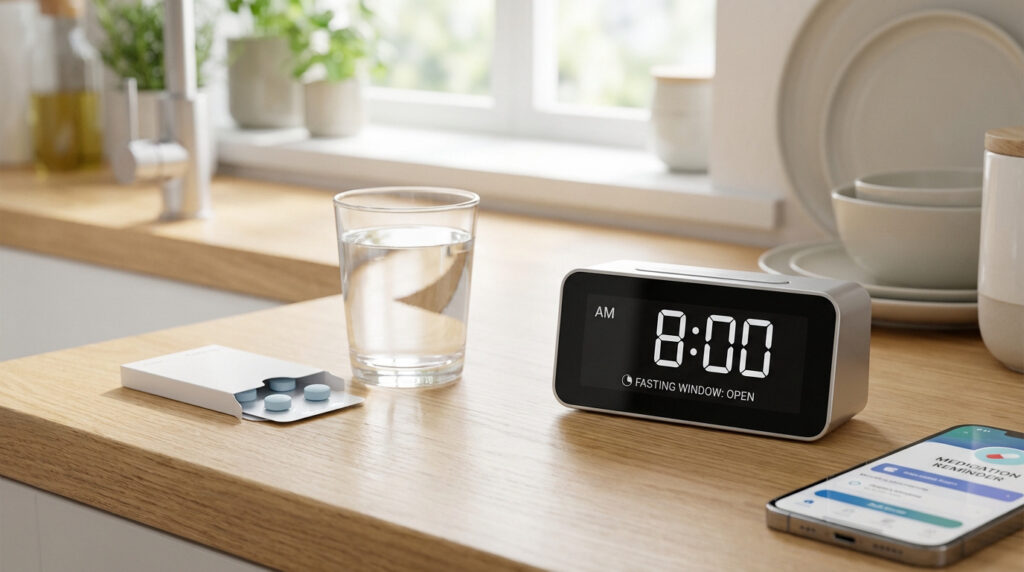 Plaquette de pilules, verre d'eau, réveil affichant « FASTING WINDOW: OPEN » et smartphone avec rappel de médicaments.