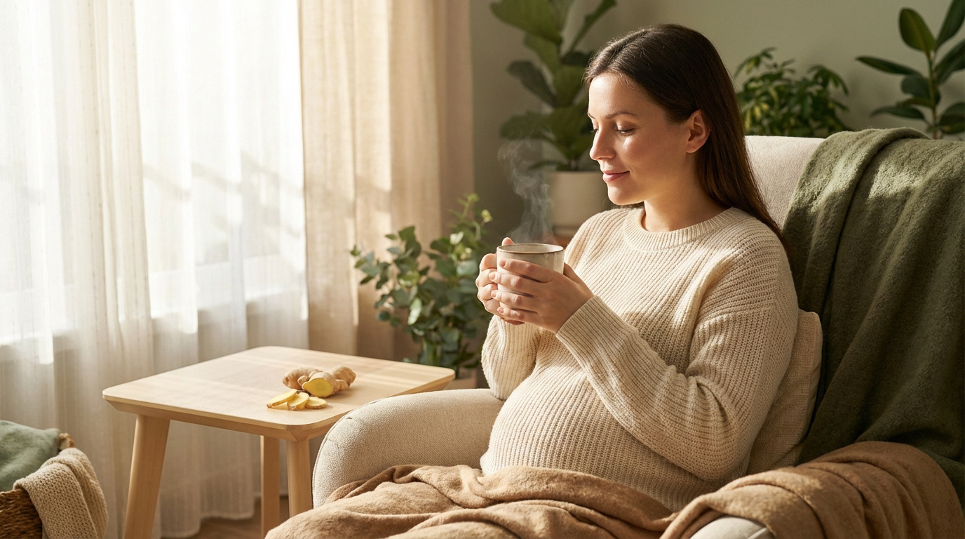 Femme enceinte souriante buvant une tisane au gingembre chaude pour soulager les nausées, assise confortablement.