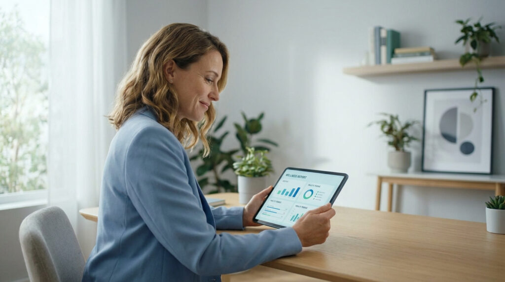 Femme en blazer bleu, souriante, examine un rapport de bien-être détaillé sur sa tablette dans un bureau lumineux.