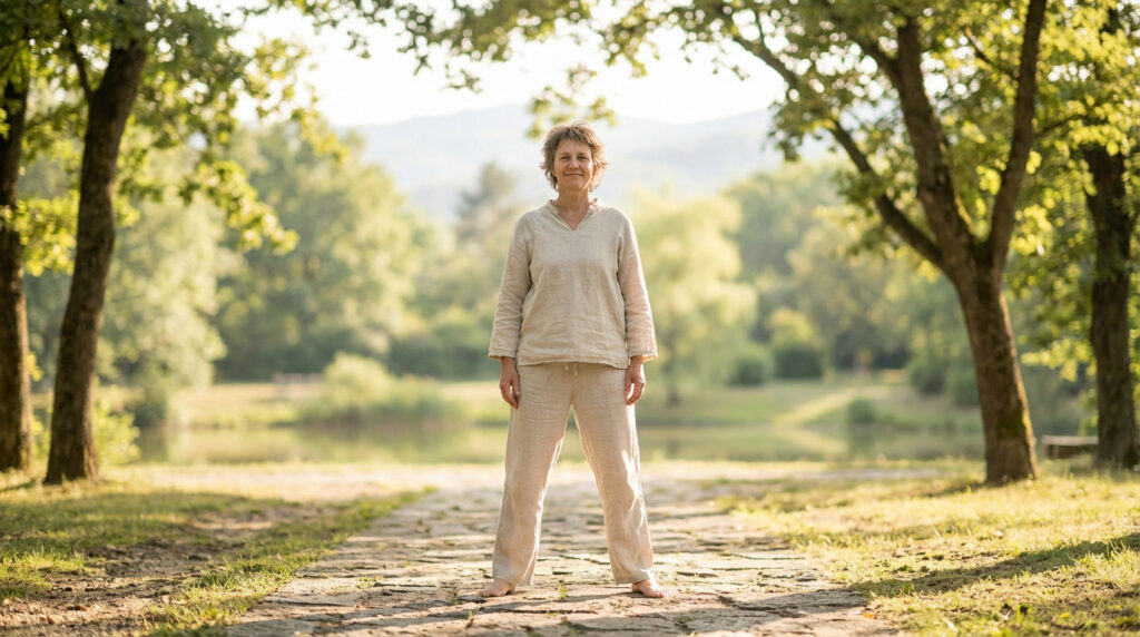 Femme souriante en tenue beige, pieds nus sur un chemin de pierre, dans un parc verdoyant avec lac, en posture équilibrée.