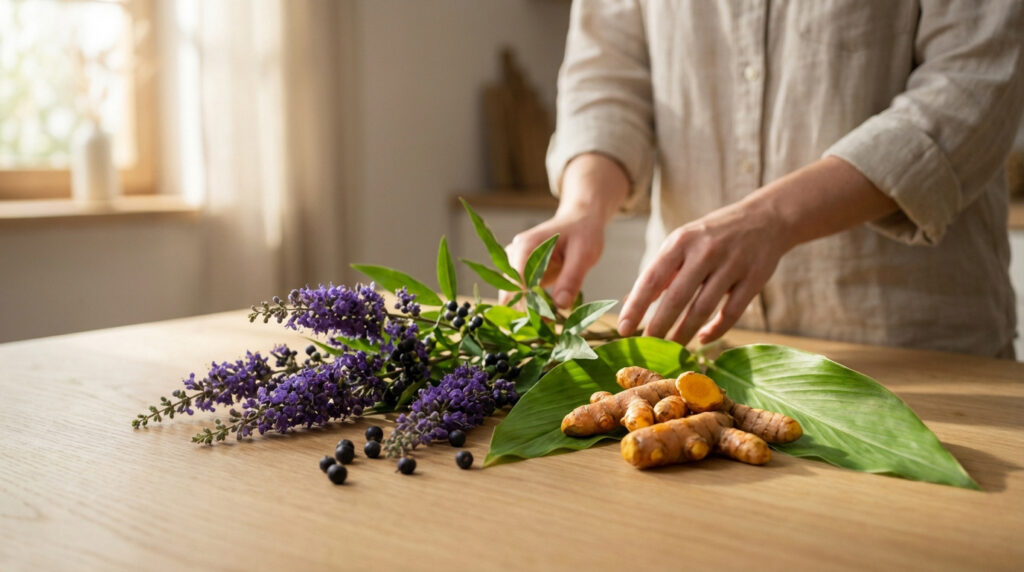Gattilier, baies et curcuma frais sur une table en bois clair. Des mains arrangent les plantes sous une lumière naturelle.