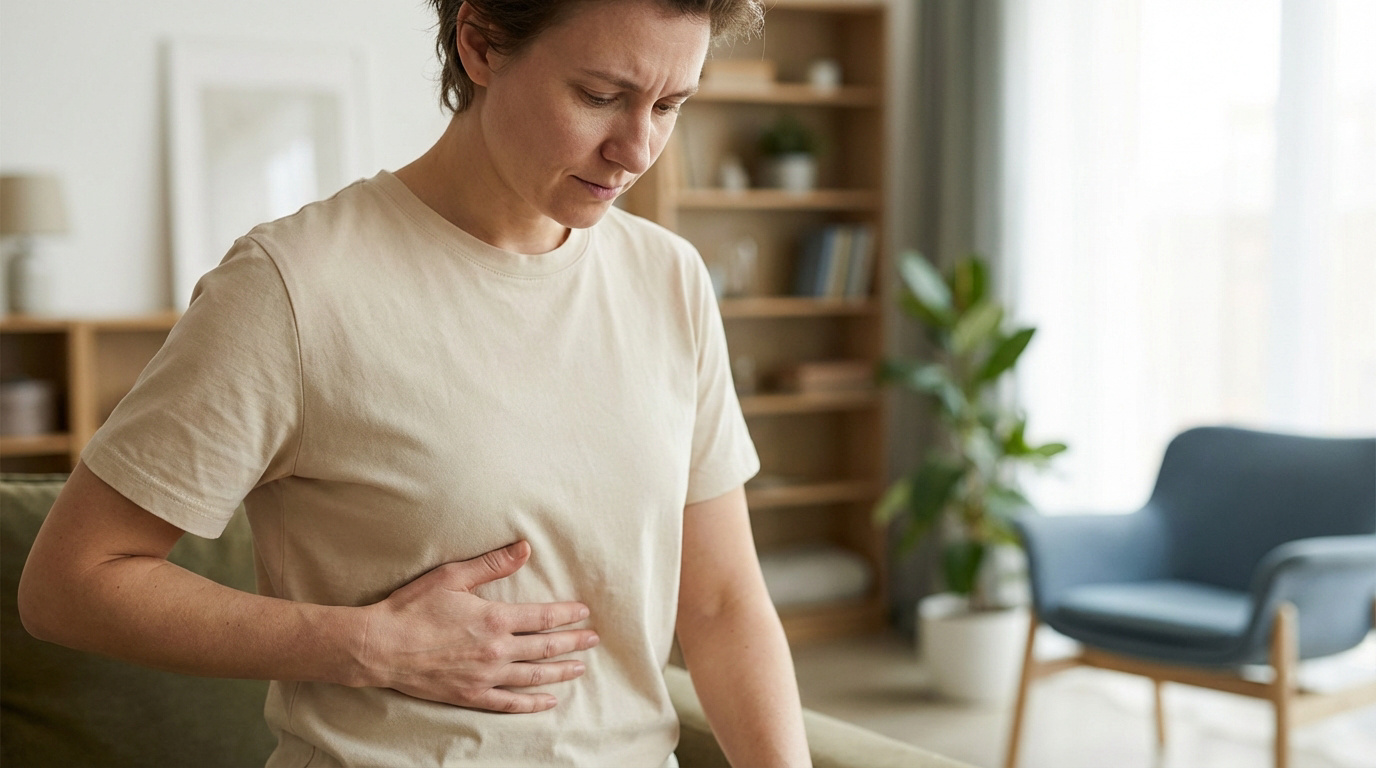 Une femme en t-shirt beige se touche le côté gauche de l'abdomen, l'air préoccupé par une douleur ou une grosseur.