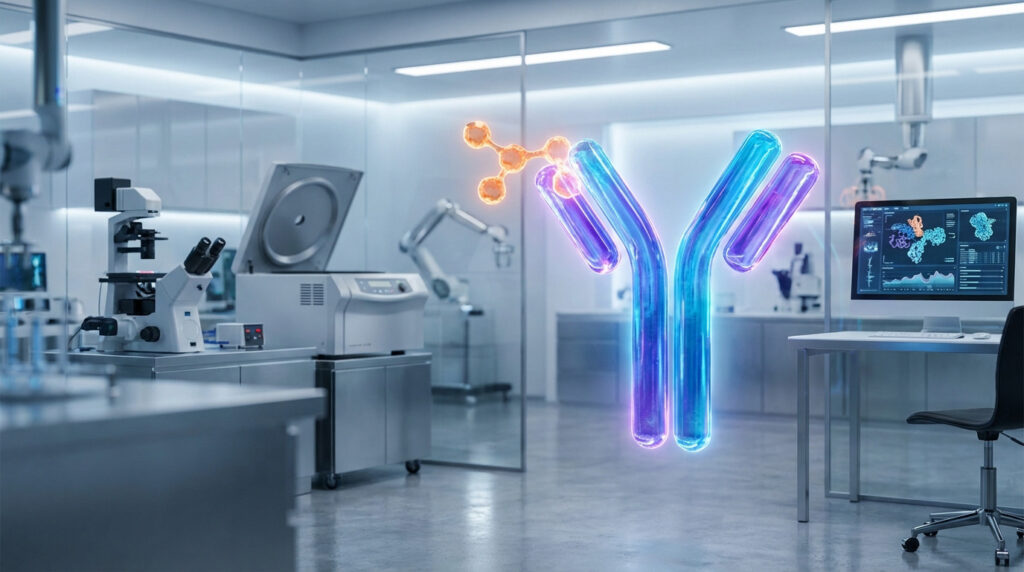 Image d'un laboratoire moderne avec un anticorps primaire géant et lumineux interagissant avec un antigène, entouré d'équipement scientifique et de données d'analyse.