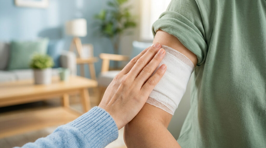 Main douce touchant un bras bandé avec une gaze blanche, suggérant soin après une procédure médicale, dans un intérieur clair.