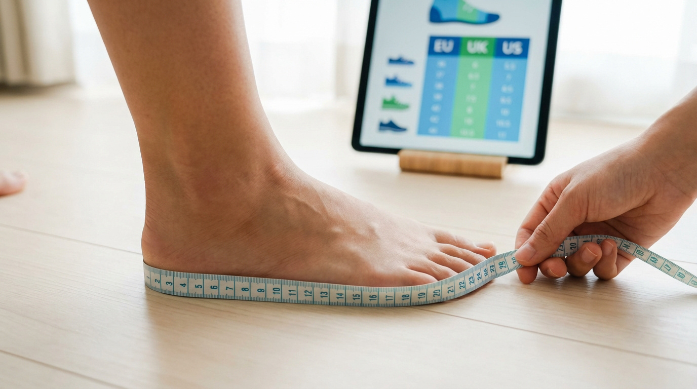 Personne mesurant son pied avec un mètre-ruban, avec une tablette affichant un tableau de conversion des pointures de chaussures en arrière-plan.
