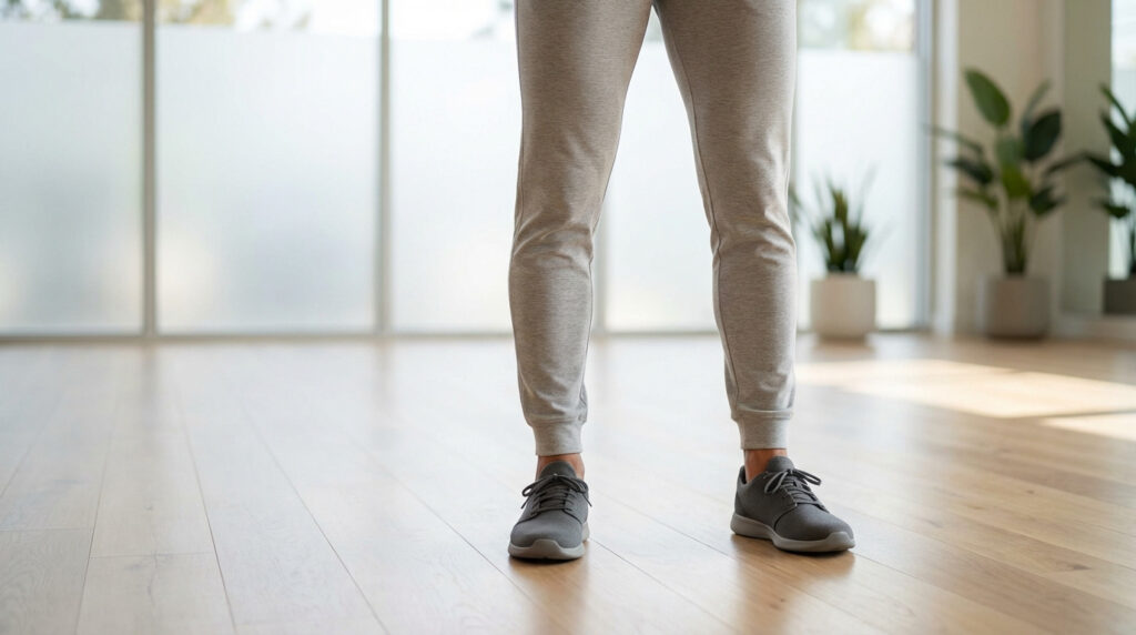 Jambes d'un adulte en pantalon de jogging et baskets grises, debout sur un parquet clair. Fenêtres et plantes en fond flou.