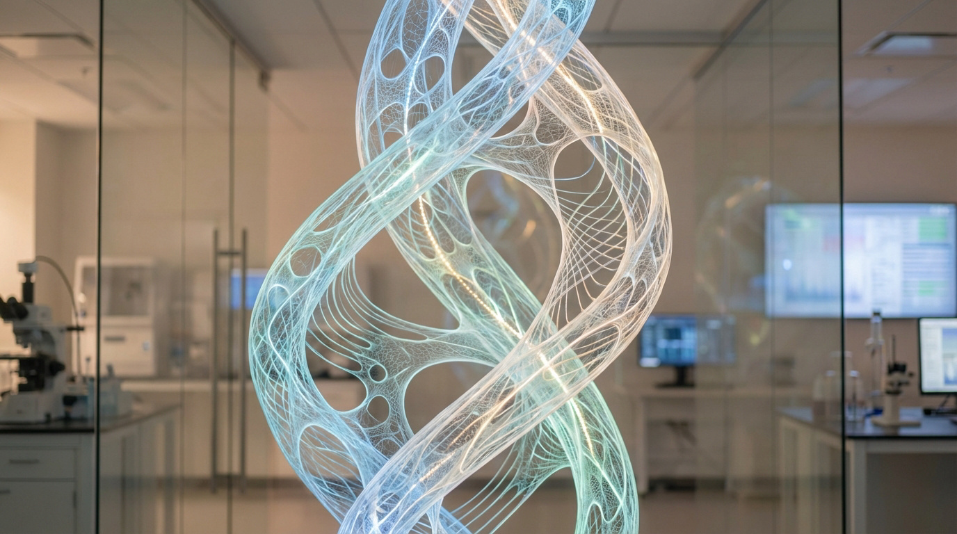 Modèle abstrait et lumineux d'une double hélice, évoquant l'ADN, au centre d'un laboratoire scientifique moderne avec équipements.