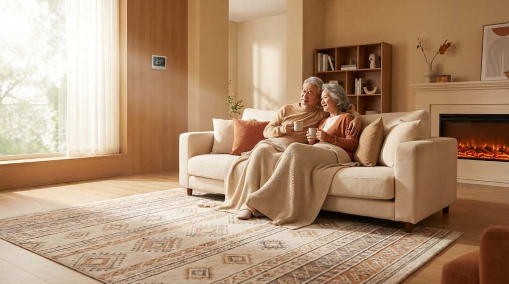 Couple de seniors souriant, détendu sur un canapé avec une couverture. Le thermostat mural indique 21°C, symbole de confort.