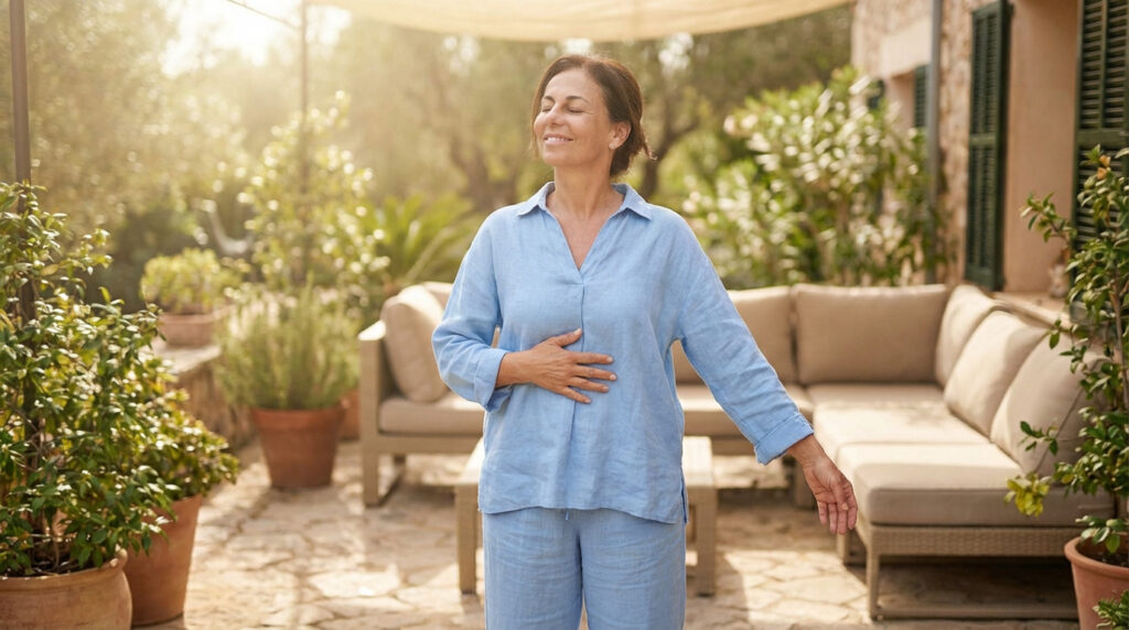 Femme d'âge mûr, yeux clos, respire calmement les mains sur l'abdomen, dans un patio ensoleillé avec des plantes.
