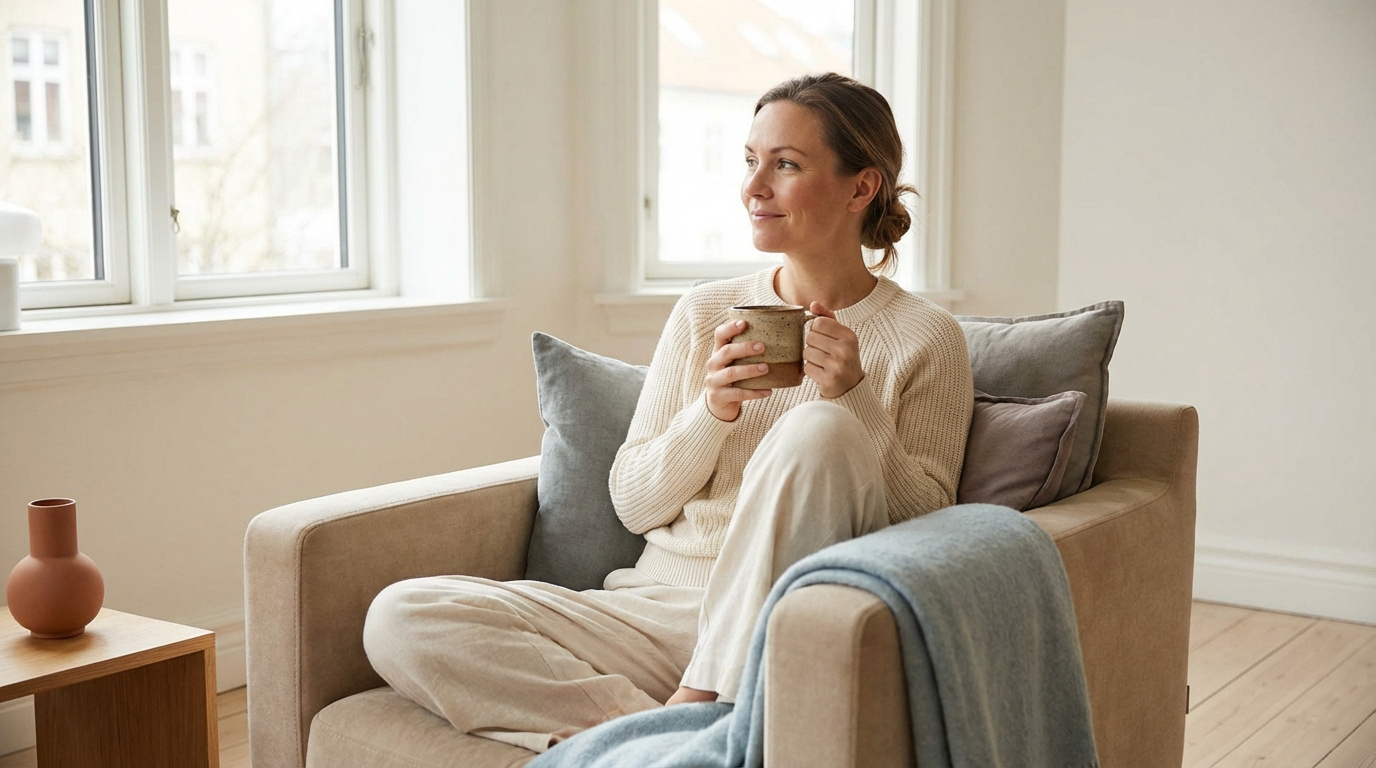 Femme sereine assise dans un fauteuil, buvant une boisson chaude, regardant par la fenêtre dans une pièce lumineuse.