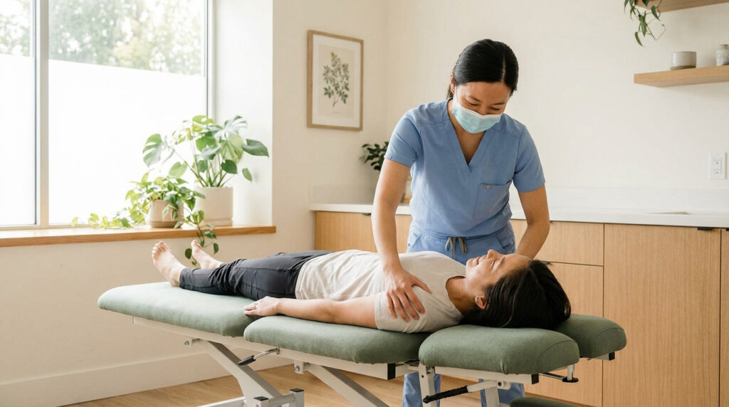 Un chiropracteur masqué ajuste l'épaule d'un patient allongé sur une table de traitement dans une clinique lumineuse.