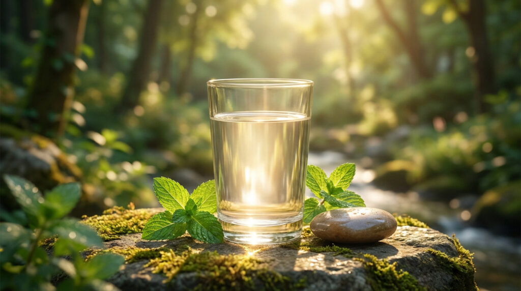 Un verre d'eau pure avec des feuilles de menthe sur un rocher moussant, sous un soleil éclatant dans une forêt verdoyante.