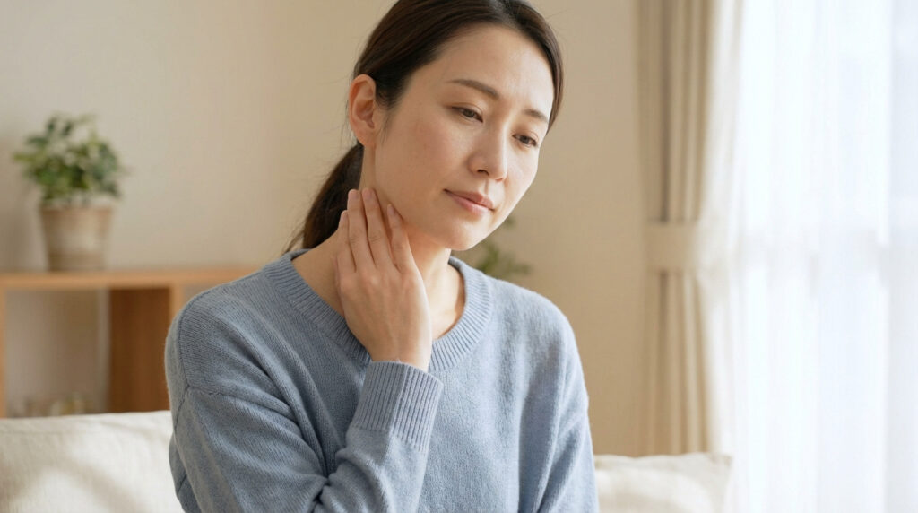 Femme asiatique en pull bleu clair, la main sur le côté de son cou, l'air pensif, palpant potentiellement un ganglion lymphatique.