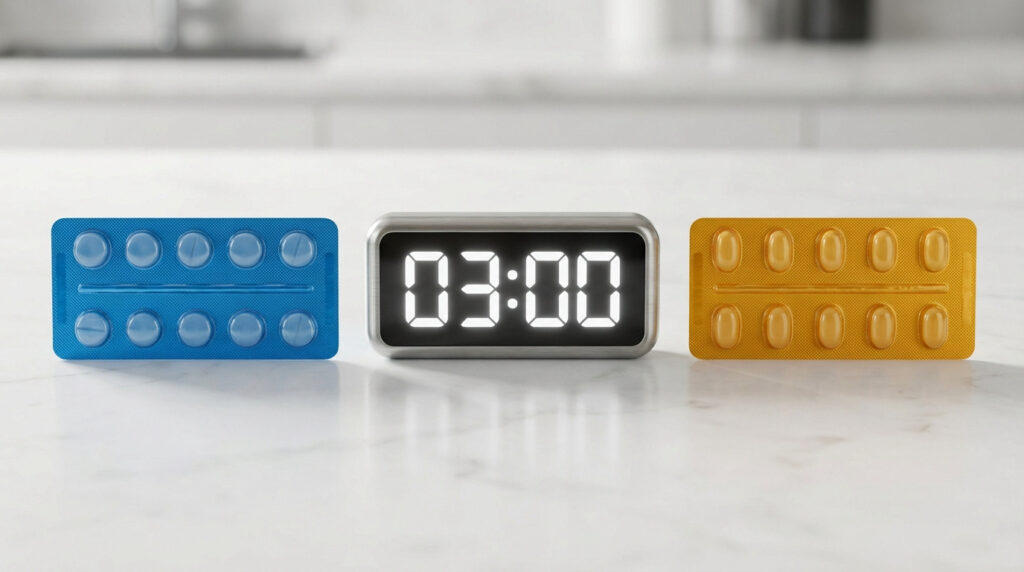 Deux plaquettes de médicaments (bleue et jaune) encadrent une horloge digitale affichant '03:00' sur un comptoir clair.